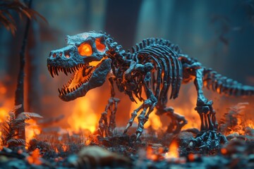 Dinosaur skeleton illuminates dark forest with fiery glow during nighttime exploration