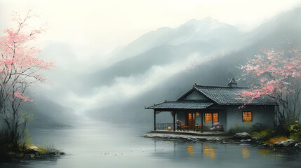 Fototapeta premium Serene mountain lake house, misty valley, pink blossoms, tranquil scene, calming art