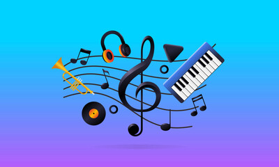 Obraz premium Creative Musical Treble Clef Collage with Guitar, Piano, Play, and Clef Collage Elements. Design Concept for Music Banner, Background, Wallpaper, Poster.