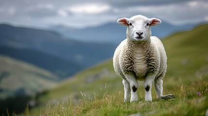 Obraz premium Sheep gazing, mountain pasture, cloudy sky, tranquil scene, nature photography