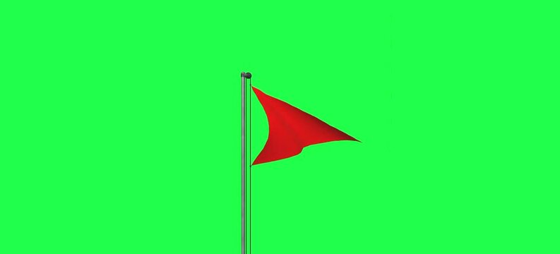  red triangular flag is raised high on a pole, red flag waving against a green background, symbolizing a swimming hazard.