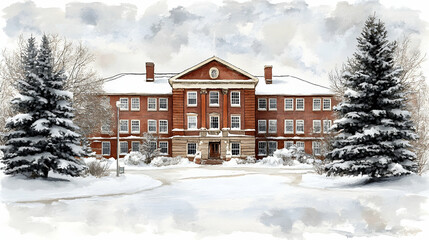 Snowy brick building, winter campus scene, peaceful background, ideal for education