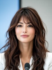 Fototapeta premium Dynamic woman with long brown hair speaks at a conference in a modern setting during daylight hours