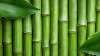 Obraz premium Textured arrangement of horizontal stacked bamboo with green leaves for decorative design