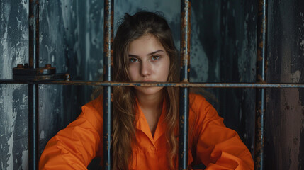 Child teenager in an orange prison uniform sitting behind bars, representing the struggles of juvenile delinquency and the justice system. Concept of youth, consequences, and rehabilitation. 