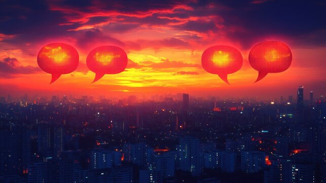 Cityscape sunset, speech bubbles, communication, global - Powered by Adobe