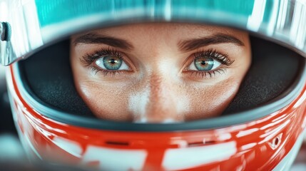 An incredibly detailed close-up of a female racer’s eyes within her helmet, reflecting her fierce determination and the excitement of anticipation in the racing world.