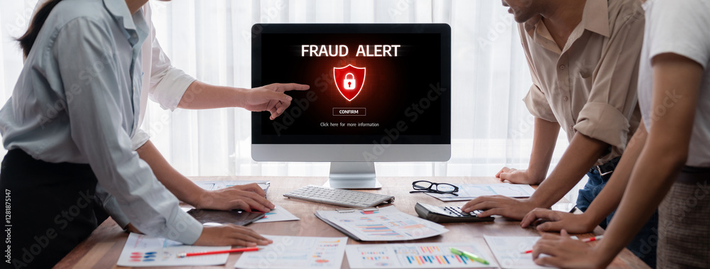 Poster Cyber security software show alert of cyber attack for protection brisk. Danger from virus, phishing and cyber fraud.