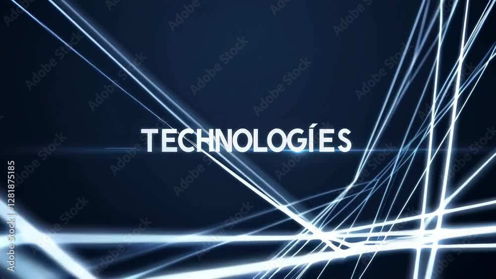 Poster Luminous light streaks weaving dynamically across deep blue background, intersecting and pulsing with technological energy while revealing white technologies text