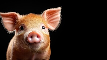 Fototapeta premium A close-up of an adorable piglet with a sweet expression, centered against a dark backdrop, illustrating the charm and genuine nature of these delightful farm animals.