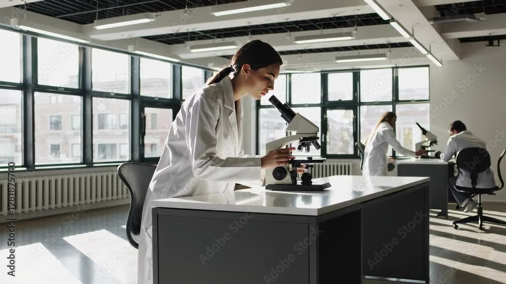 Poster laboratory research montage shows a female medical student using a microscope, conducting scientific