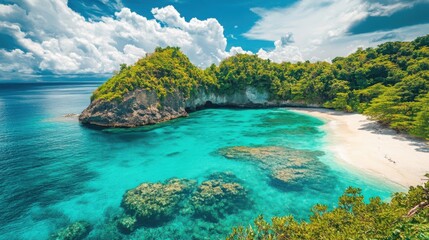 Fototapeta premium A pristine tropical island with a hidden cove, surrounded by vibrant turquoise water and white sandy beaches.