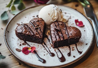 Two heart-shaped brownies with chocolate drizzle and vanilla ice cream on a white plate