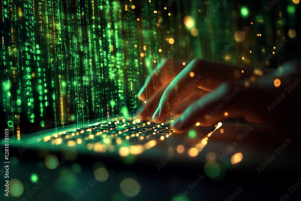 Poster hands typing on a keyboard with glowing green data streams and digital particles in the background