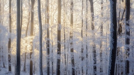 Fototapeta premium Frosty trees in a dense winter forest, their branches glistening in the bright sunlight.