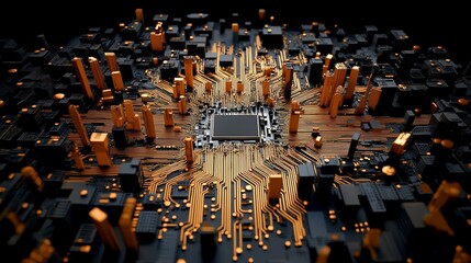 Abstract Technology Cityscape with Circuit Board and Microchip Design