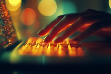 Hands typing on a laptop keyboard illuminated by colorful lights at night
