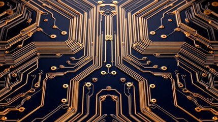 Intricate Circuit Board Design with Gold Lines on Dark Background