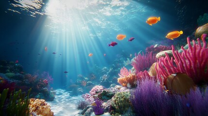 Obraz premium A serene underwater scene with a school of vibrant fish swimming around colorful coral reefs, sunlight filtering through the water