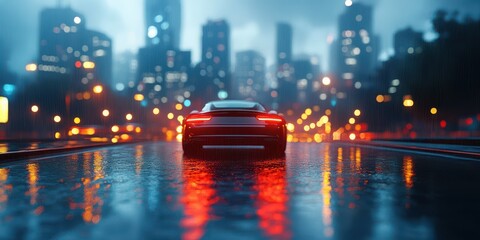 Sleek car parked on a wet street surrounded by illuminated city buildings at night