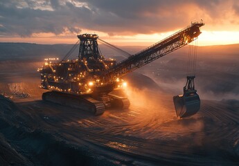 A large industrial mining machine, extended with long arms and a bucket at the end, working in an open-pit coal mine at sunrise