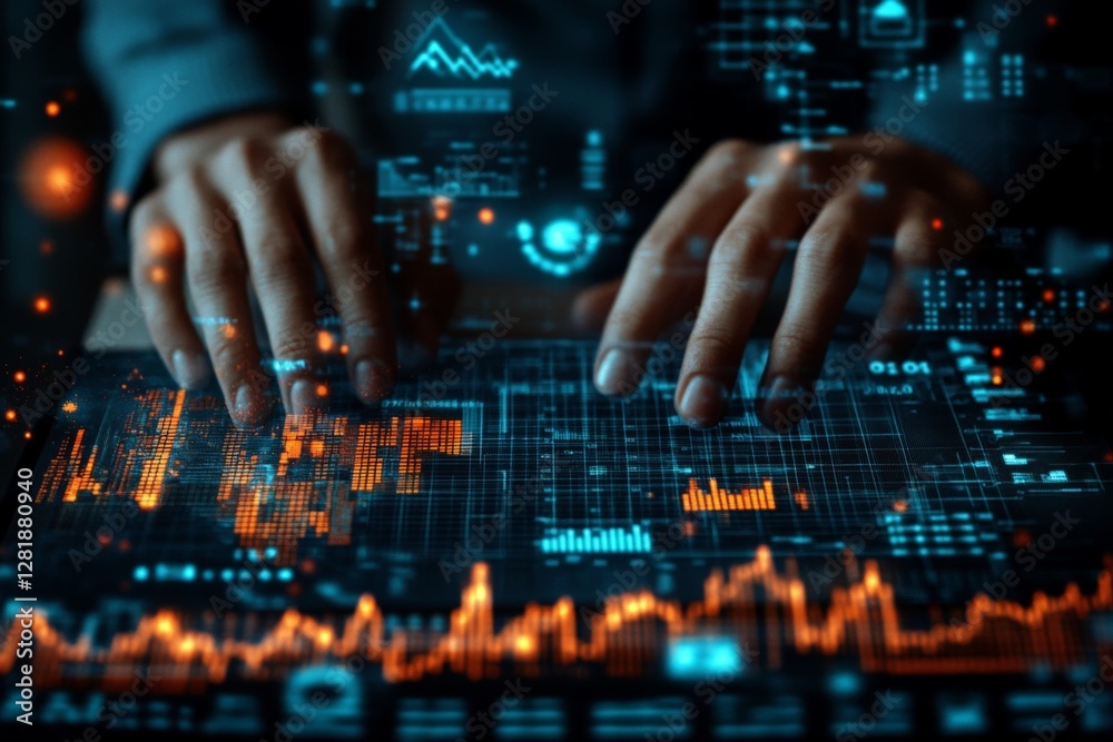 Poster hands engage with a digital interface displaying financial data and analytics in a modern workspace