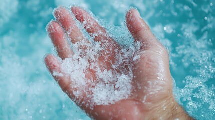 Fototapeta premium Hand Reaching for Water with Bubbles in Outdoor Pool Clear Blue