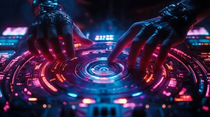 Hands of DJ adjusting the turntable and mixer controller, vibrant nightclub lights and an energetic crowd in the background