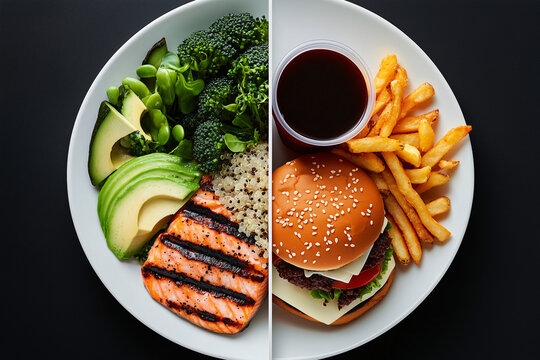 Healthy vs. Unhealthy Choices: A split-screen overhead shot showcases a divided plate, half filled with vibrant, nutritious food and the other half with indulgent, less healthy options. 