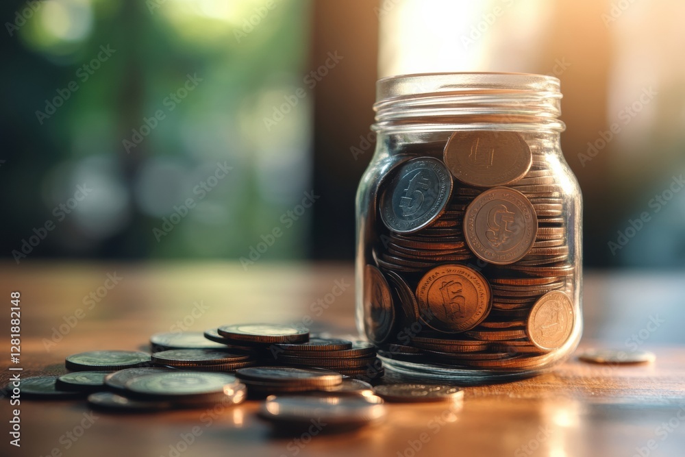 Poster collection of coins in a glass jar on a wooden table illuminated by warm sunlight during late aftern