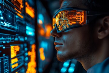 Innovative technology enthusiast engaged in digital interface insights with futuristic glasses