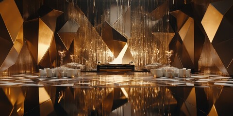 Extravagant golden themed event space with reflective surfaces