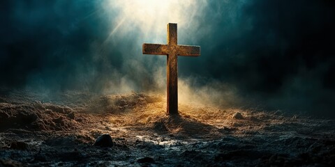 Fototapeta premium Symbol of faith stands in a misty landscape during twilight evoking a sense of spirituality and reflection