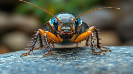 Fototapeta premium Close-up of a vibrant insect perched on a rock, with blurred greenery in the background