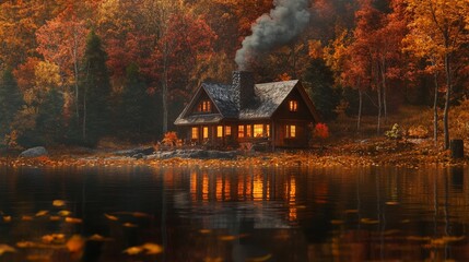 Fototapeta premium A tranquil lakeside cabin surrounded by autumn foliage, with smoke rising from the chimney and warm light glowing from the windows