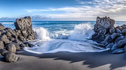 A secluded black sand beach with waves crashing against jagged volcanic rocks.