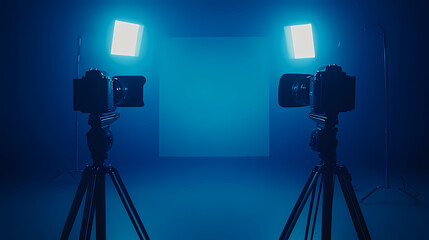 A blue studio background with two cameras pointing at each other, in the center of which is an empty space for copy and text
