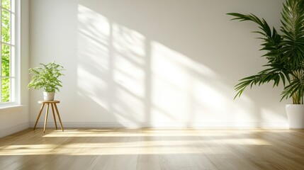 A minimalist interior with abundant natural light, showcasing a small indoor plant on a wooden table, creating a tranquil and peaceful vibe that enhances well-being.