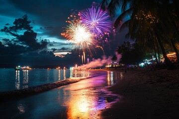 A tropical beach at night with vibrant fireworks lighting up the sky, reflections shimmering on the water, and silhouettes of palm trees framing the scene, taken in Bali