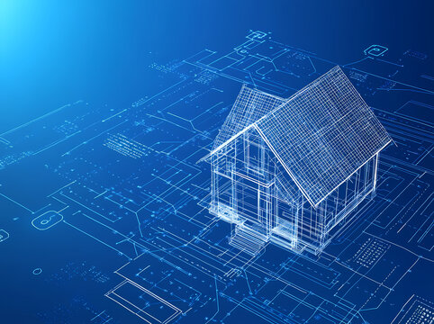 blueprint of a two-story house with grid lines on a blue background