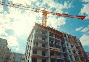 A tower crane is lifting the building frame at a construction site, with a blue sky and white clouds in the background. 