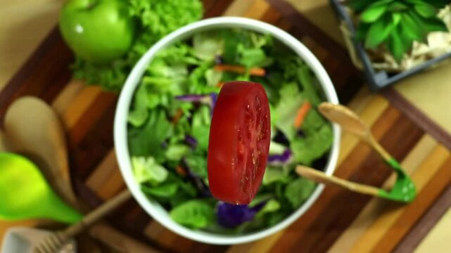 Ensalada de vegetales con jitomate cayendo