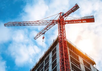 A tower crane is lifting the building frame at a construction site, with a blue sky and white clouds in the background. 