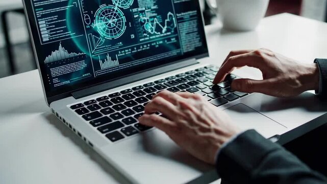 Close up slow motion of male hands typing on laptop keyboard with futuristic holographic head up display interface, showcasing complex data analysis and engineering processes