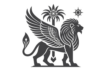  Mythical winged lion silhouette with palm tree, Mesopotamian style