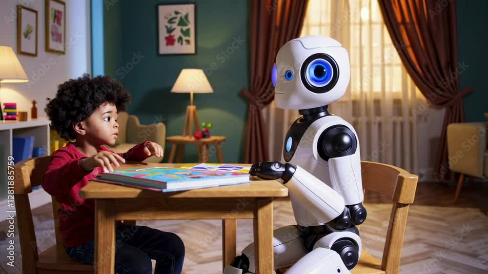 Poster humanoid robot assisting young learner during educational interaction, demonstrating advanced techno