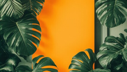 Large monstera leaves create a dramatic border around a vibrant orange background, showcasing the striking contrast between deep green foliage and warm tones.