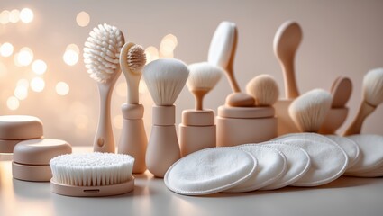 Wooden skin care tools and cotton pads arranged neatly on a soft-focus background with warm glowing lights