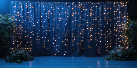 Magical backdrop with sparkling fairy lights on blue velvet curtain
