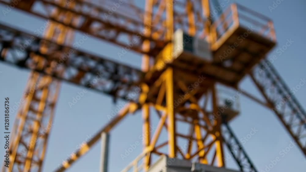 Poster construction engineers wearing safety vests and helmets discuss near cranes at a building site, with
